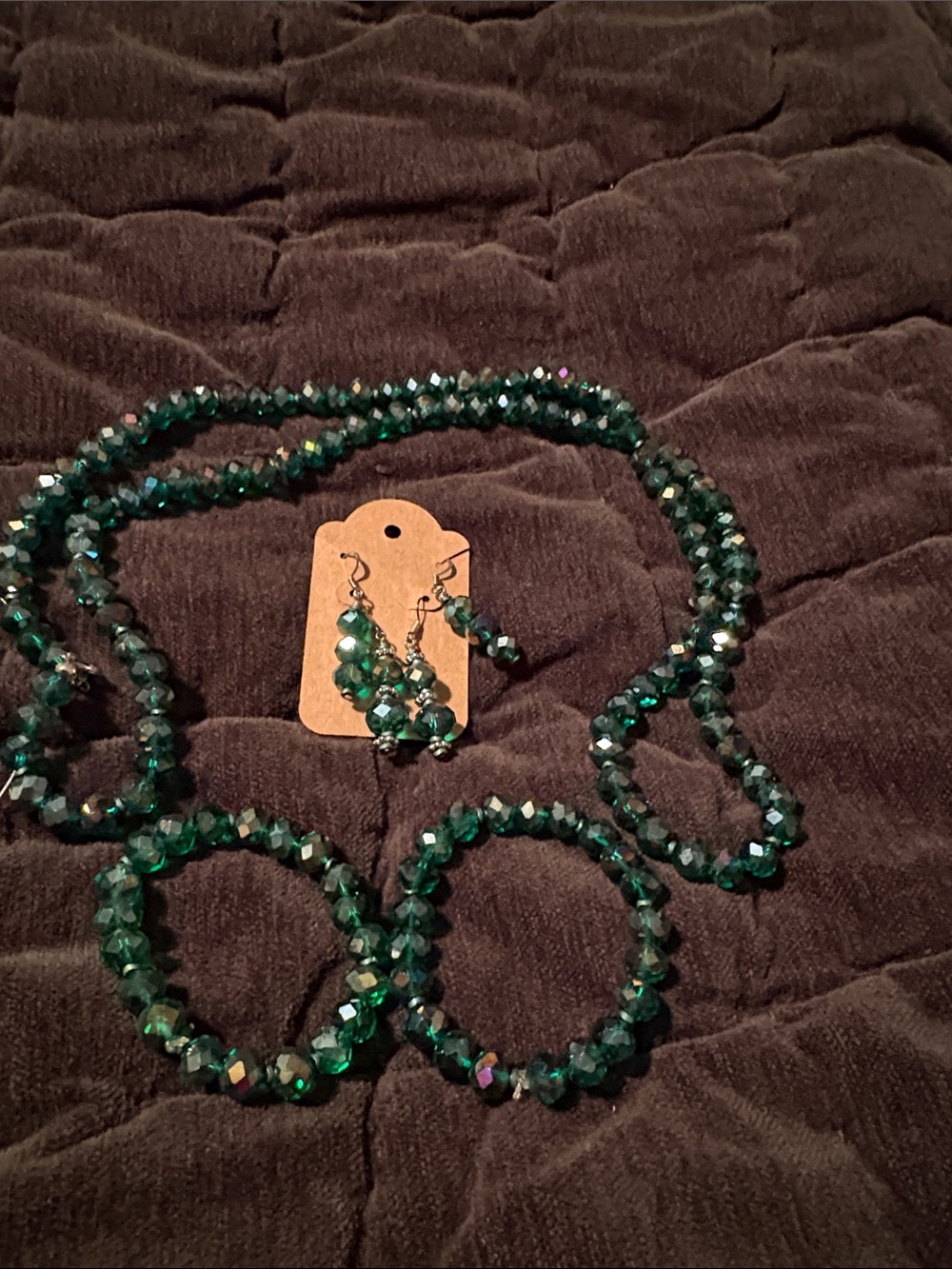 Handmade Emerald Green Faux Crystal Necklace, 2 Earring Sets & Bracelets